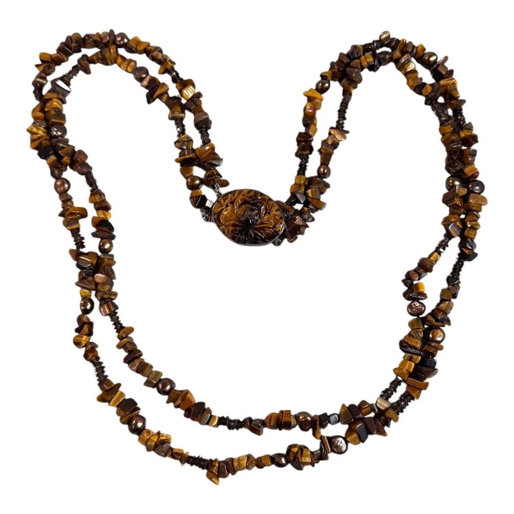 Vintage Double Strand Tigers Eye Sterling Silver Necklace Rose Carved Clasp 28"